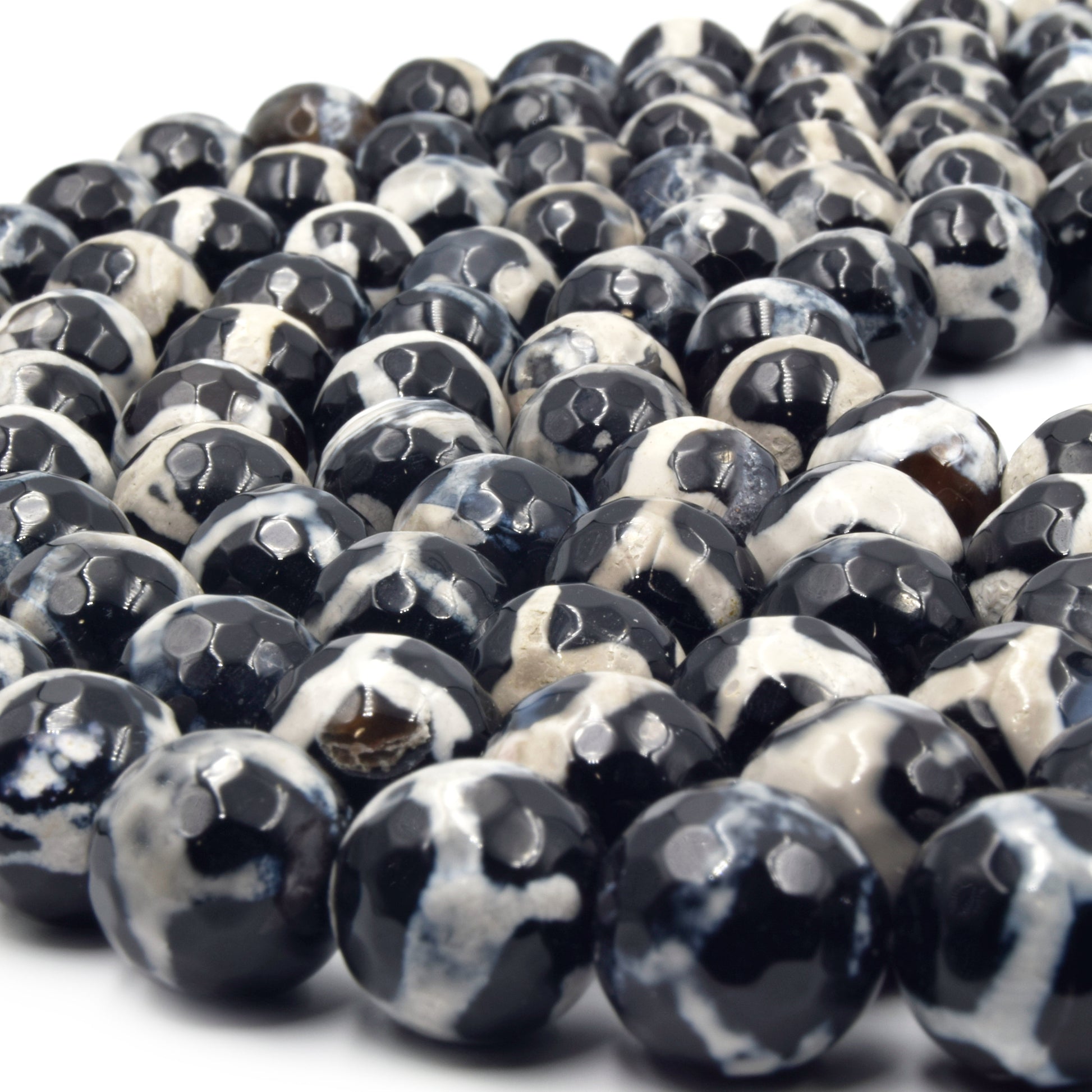 Tibetan Agate Beads | Dzi Beads | 12mm Dyed Faceted Black Cream Honeycomb Round Agate Beads