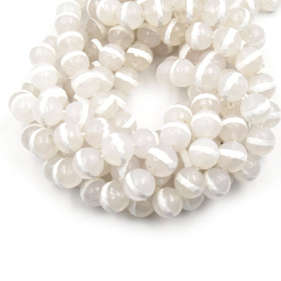 Tibetan Agate Beads | Dzi Beads | Dyed White Faceted Striped Round Gemstone Beads - 6mm 8mm 10mm 12mm Available