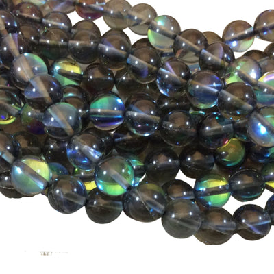 10mm Smooth Transparent Gray Round/Ball Shaped Synthetic Glass Moonstone Beads - 15.5" Strand (Approx. 39 Beads) - Manmade Faux Gemstone