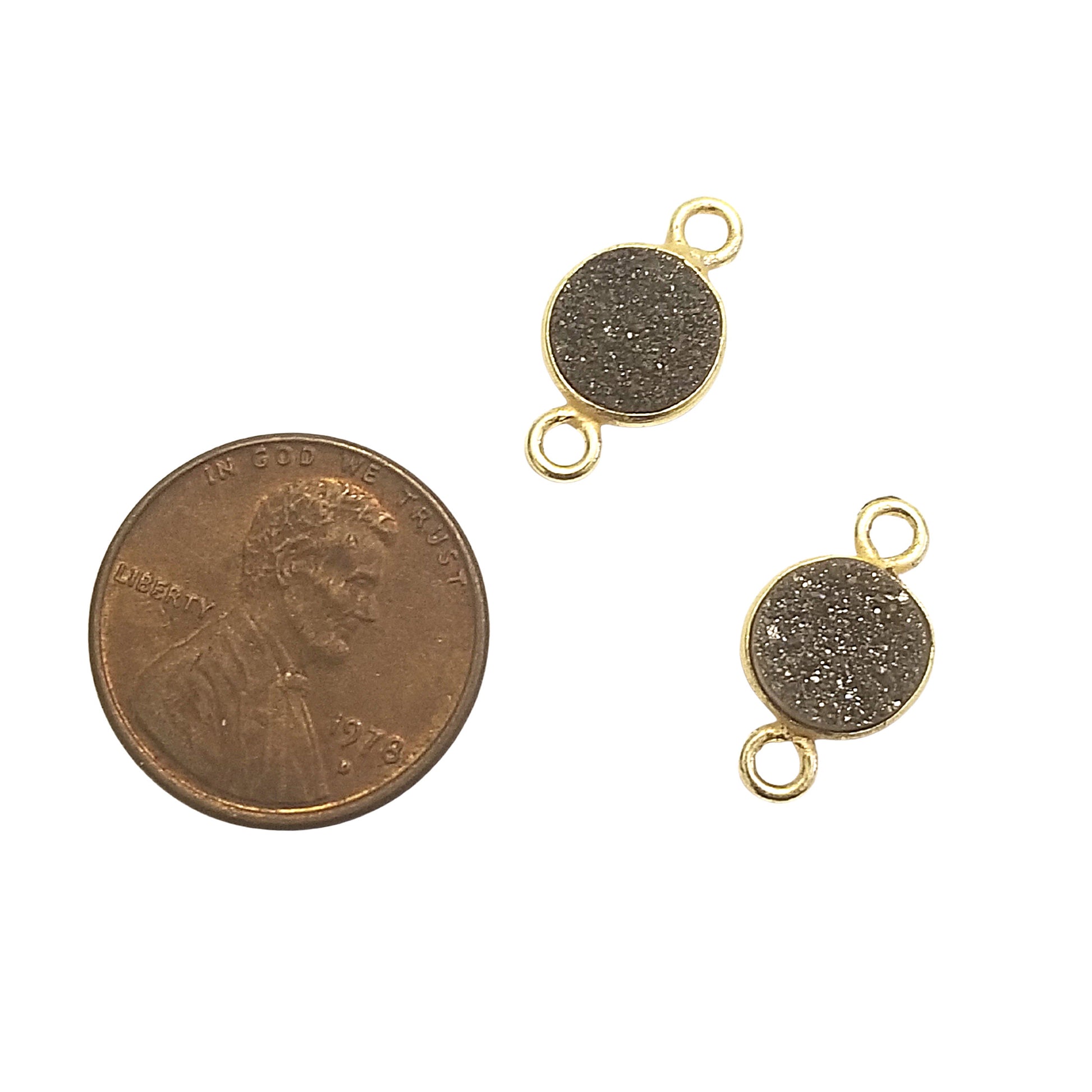 Druzy Agate Gold Finish Metallic Black Round/Coin Shaped Natural Bezel Connector Component - Measures 8mm x 8mm - Sold Individually