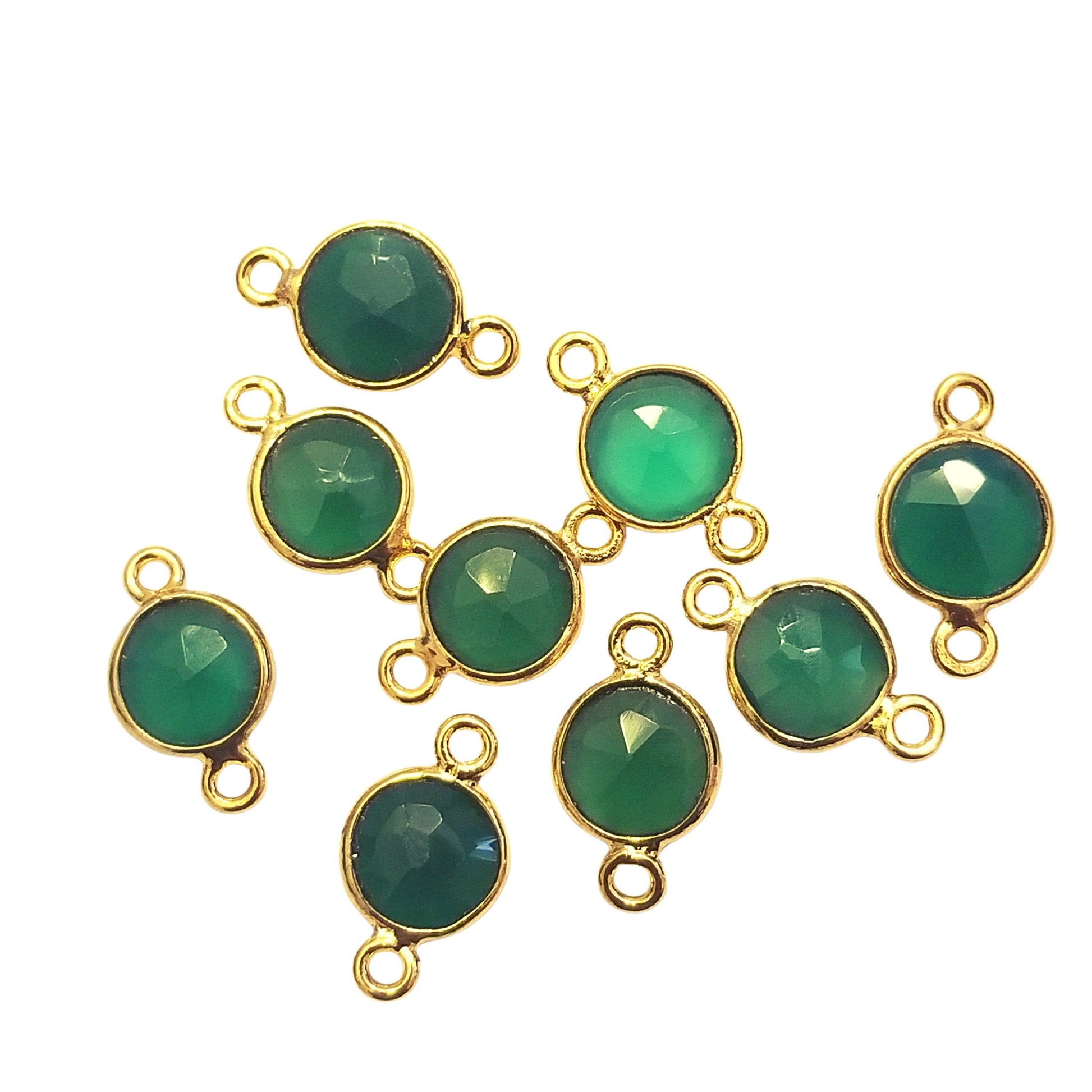 Green Onyx Gold Plated Faceted Chalcedony/Agate Round/Coin Shaped Bezel Connector - Measuring 10mm x 10mm - Sold Individually