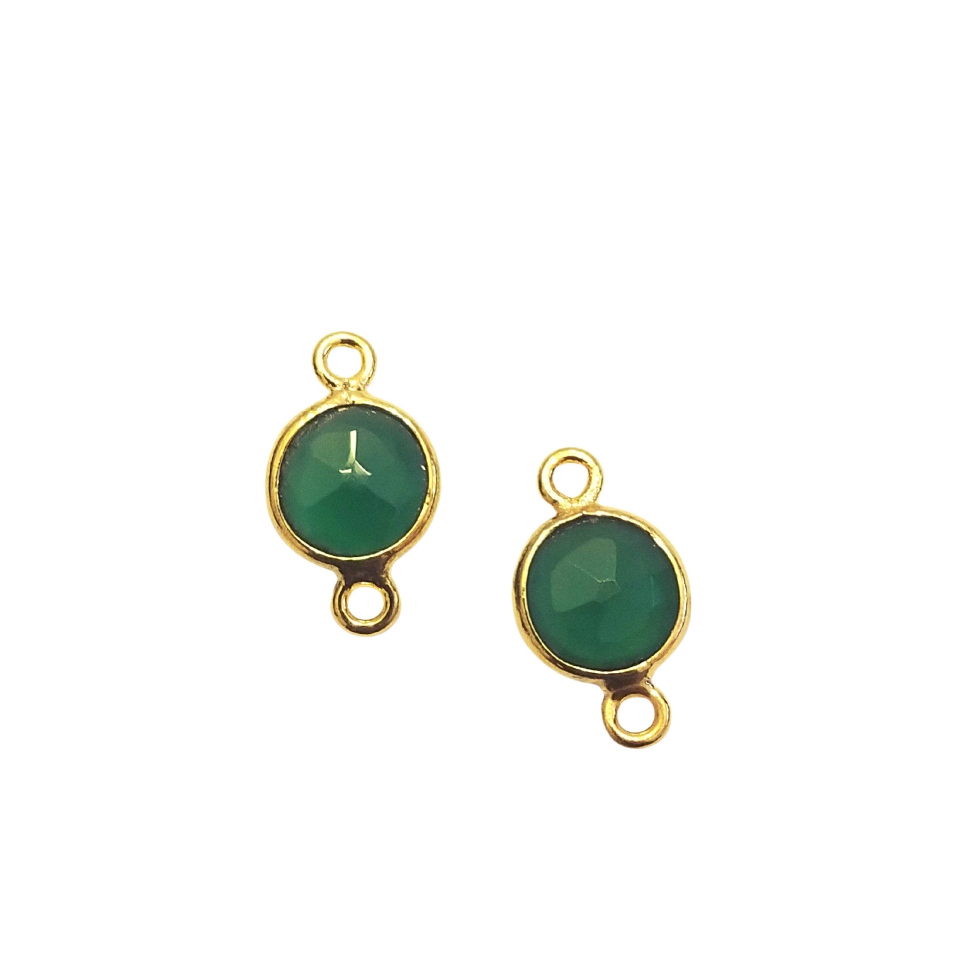 Green Onyx Gold Plated Faceted Chalcedony/Agate Round/Coin Shaped Bezel Connector - Measuring 10mm x 10mm - Sold Individually