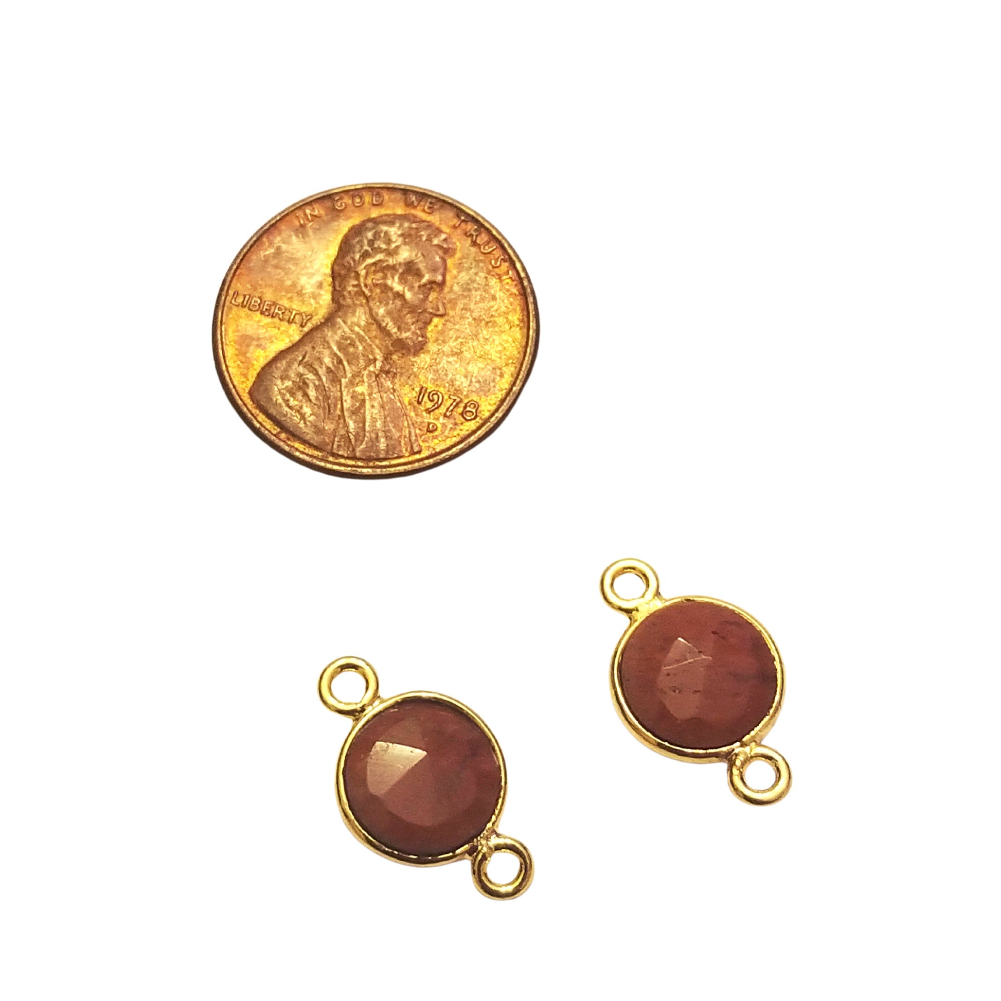 Carnelian Red Agate Gold Finish Faceted Round/Coin Shaped Plated Copper Bezel Connector - Measuring 10mm - Gemstone - Sold Individually