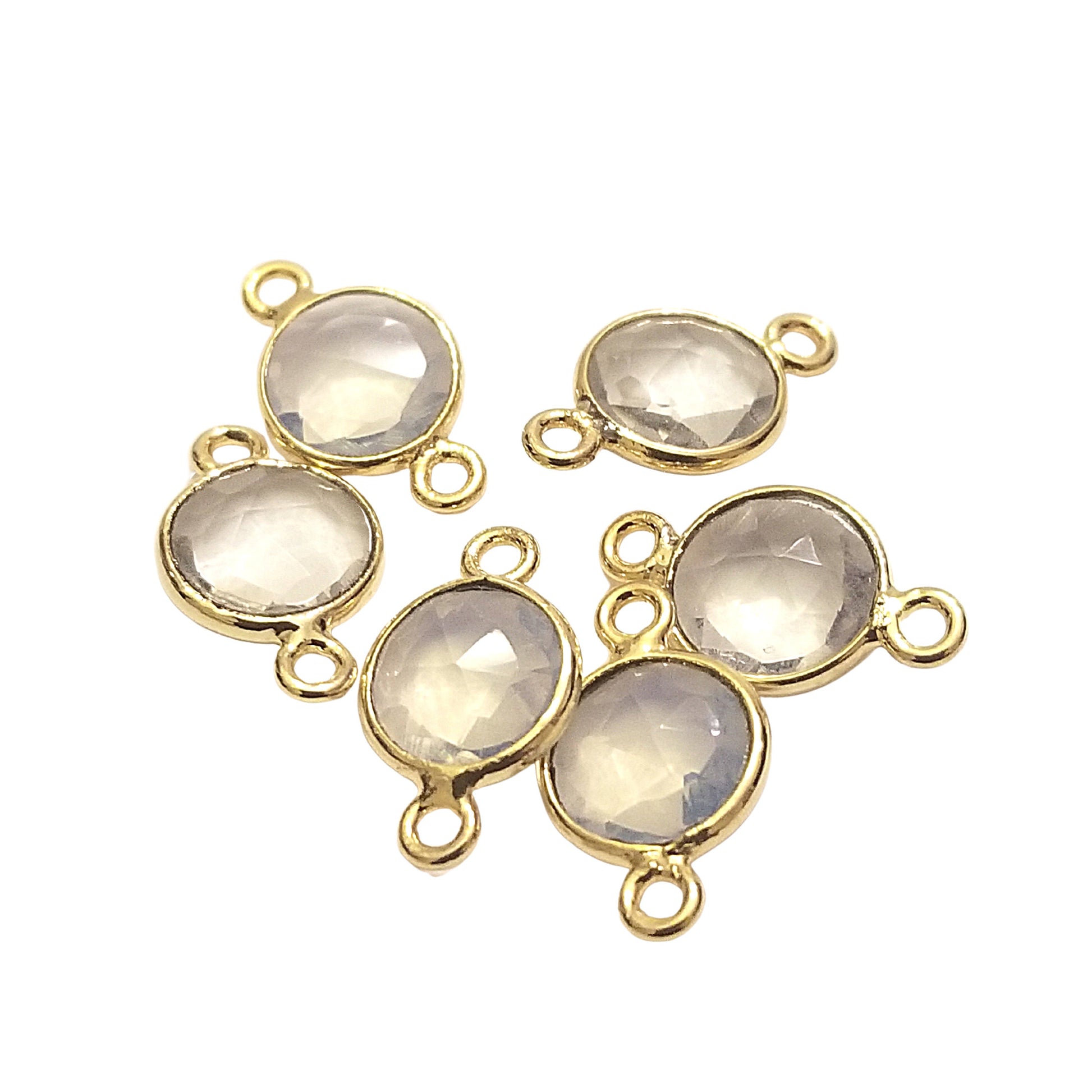 Opalite Gold Plated Faceted Translucent  (Manmade Glass) faux Opal Round/Coin Shaped Bezel Connector - Measuring 10mm  - Sold Individually