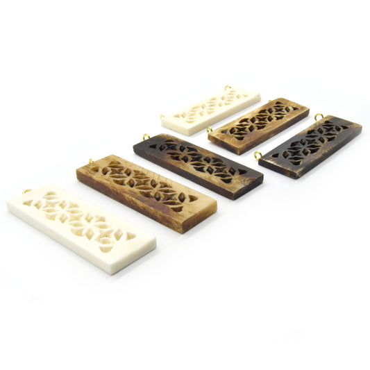 Ox Bone Focal Pendant | 2.5" - Natural Ox Bone Rectangle Cutout Shaped Focal Pendant with Gold Bail | White Brown | Single Double Loop