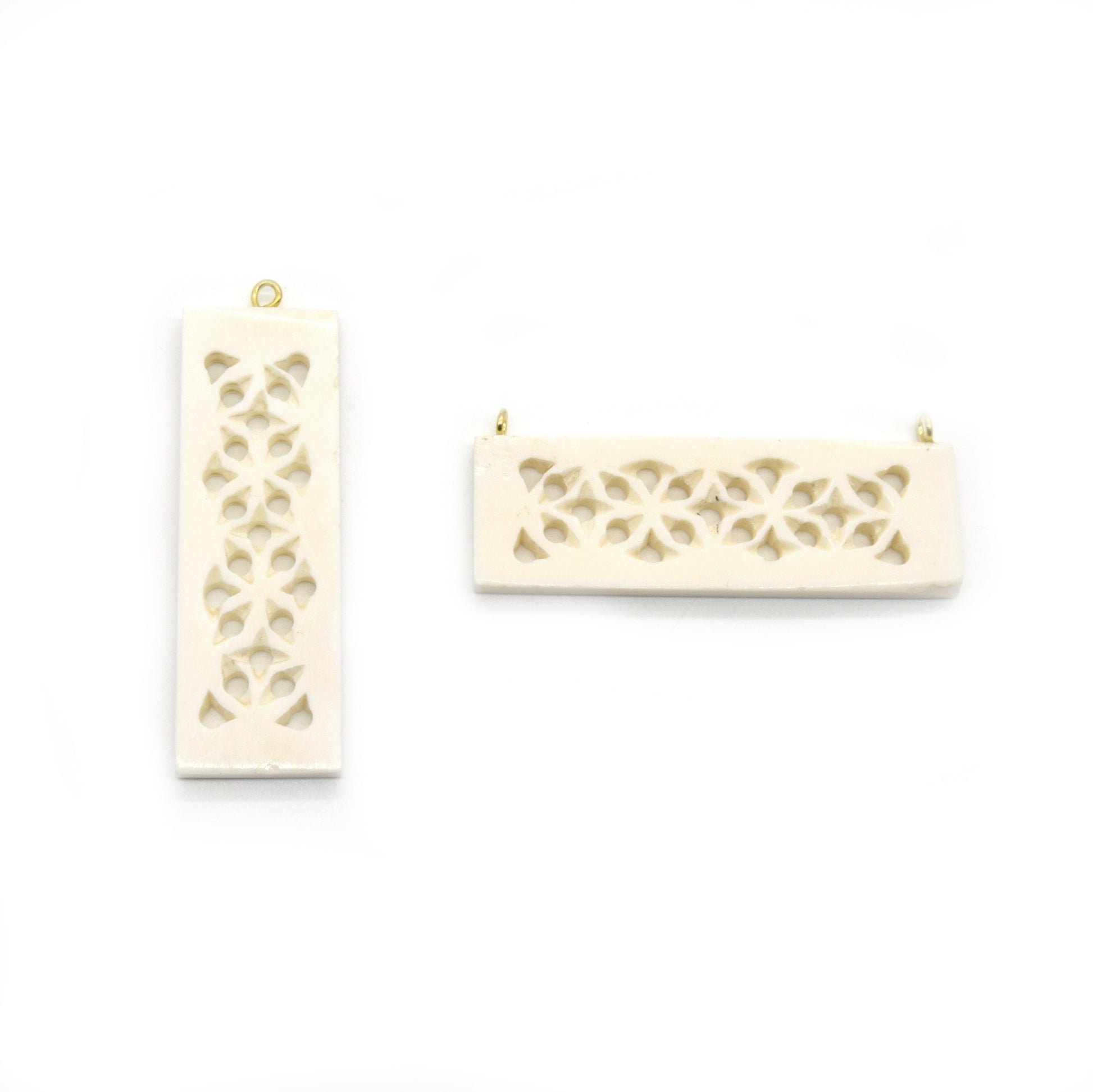 Ox Bone Focal Pendant | 2.5" - Natural Ox Bone Rectangle Cutout Shaped Focal Pendant with Gold Bail | White Brown | Single Double Loop