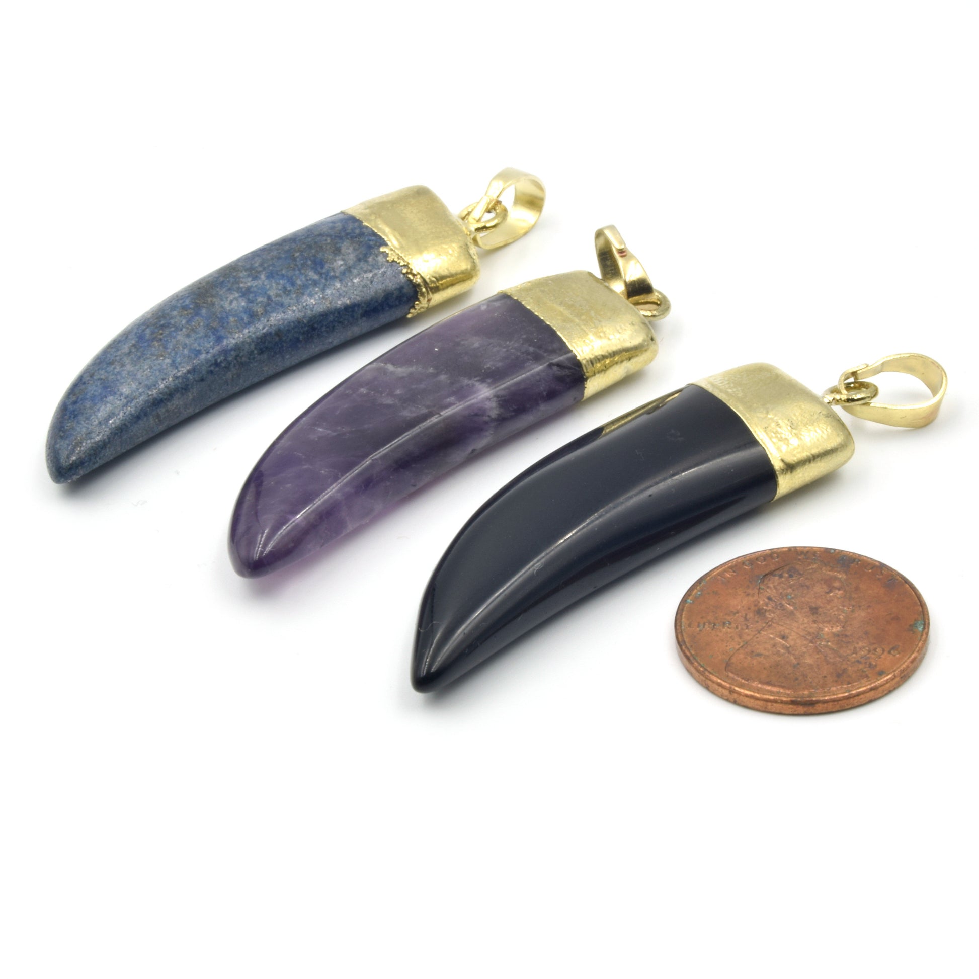 Gemstone Pendants | Electroplated Gemstone Tusk Pendants with Bail | Black Agate, Amethyst, Lapis Lazuli