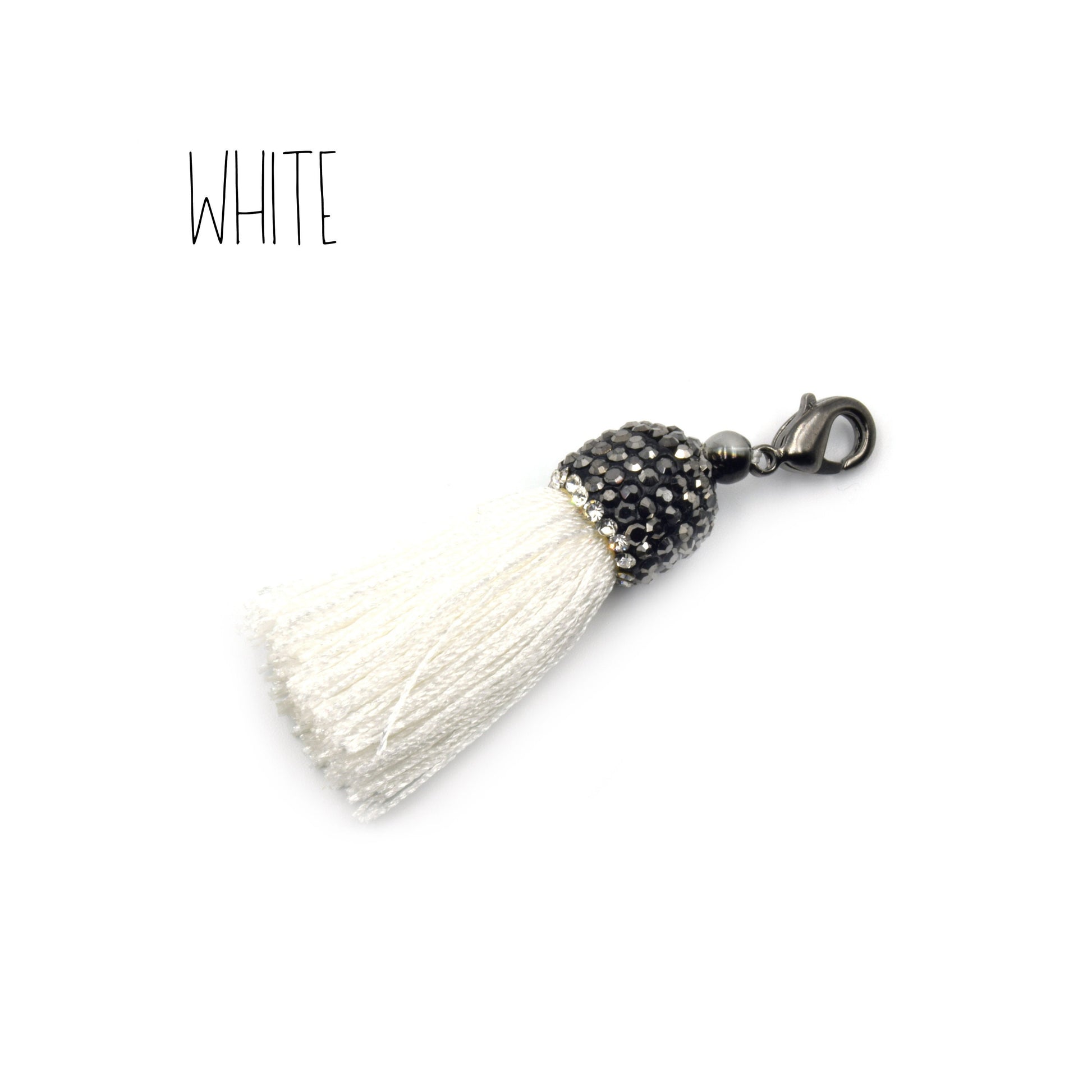 Pave Tassel Pendants | 1.25 Inch CZ Cap Tassel Silk/Polyester Thread Gunmetal Clasp | White, Blue, Yellow, Purple Tassels