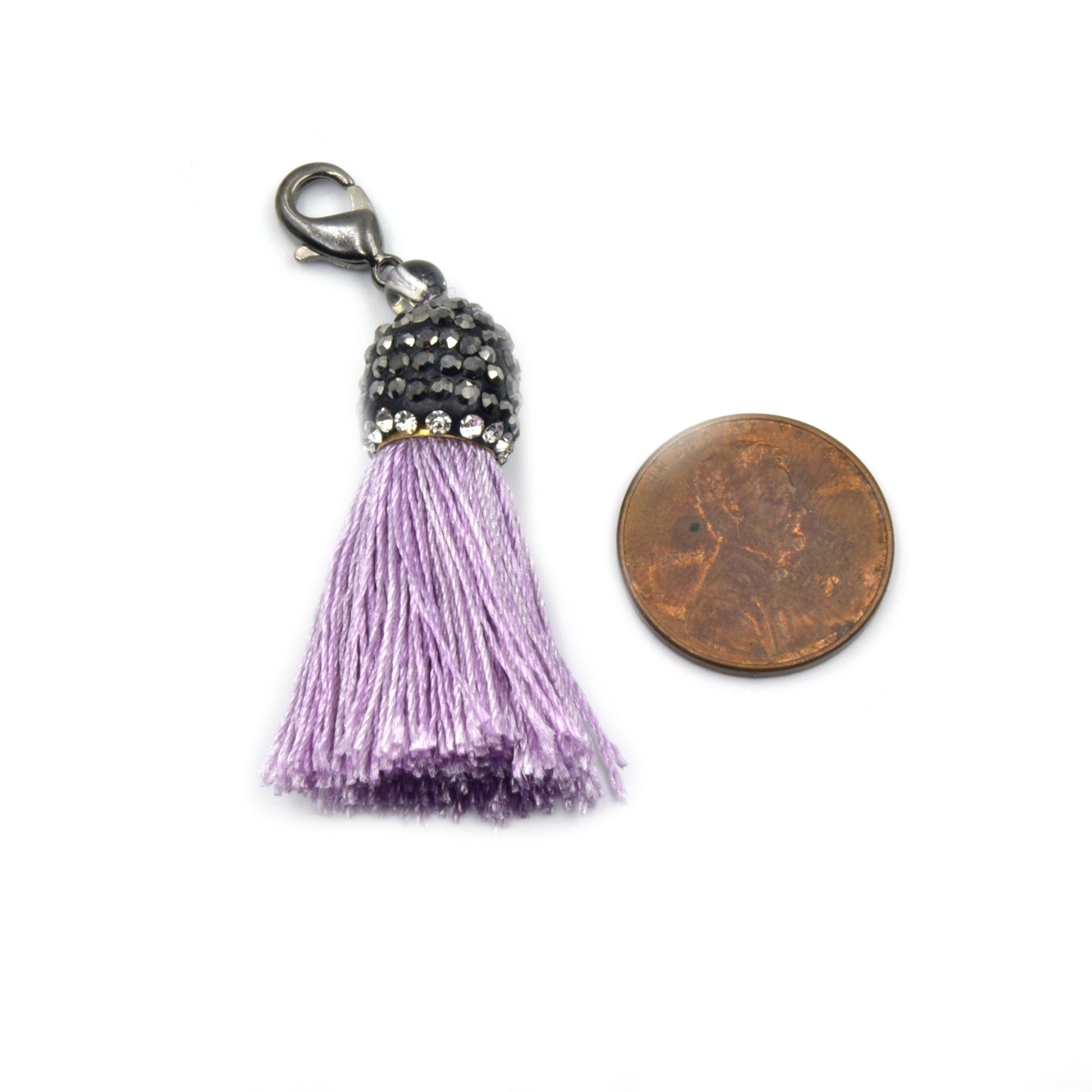 Pave Tassel Pendants | 1.25 Inch CZ Cap Tassel Silk/Polyester Thread Gunmetal Clasp | White, Blue, Yellow, Purple Tassels