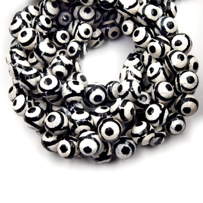 Tibetan Agate Beads | Evil eye Beads | 10mm, 12mm Dyed Faceted Black White Eyespotted Round Agate Beads