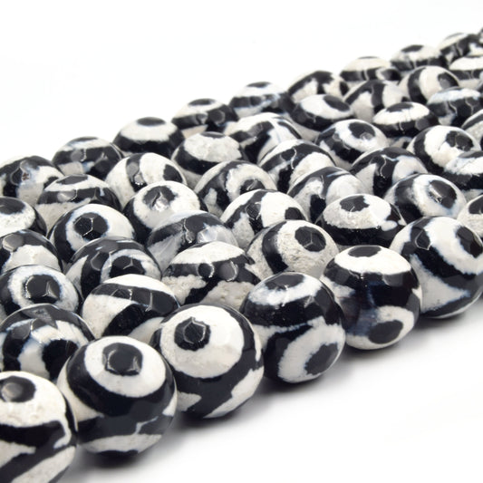 Tibetan Agate Beads | Evil eye Beads | 10mm, 12mm Dyed Faceted Black White Eyespotted Round Agate Beads