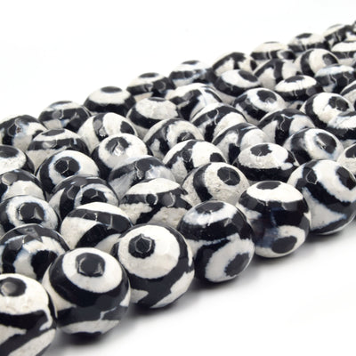 Tibetan Agate Beads | Evil eye Beads | 10mm, 12mm Dyed Faceted Black White Eyespotted Round Agate Beads
