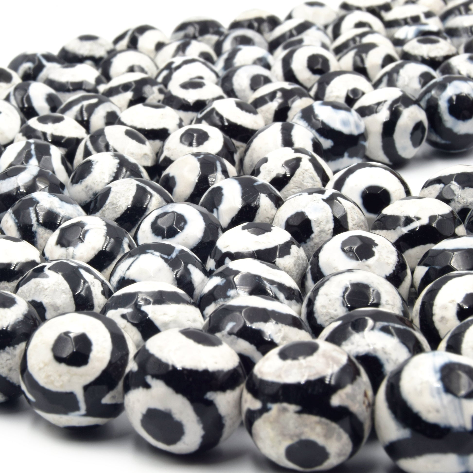 Tibetan Agate Beads | Evil eye Beads | 10mm, 12mm Dyed Faceted Black White Eyespotted Round Agate Beads