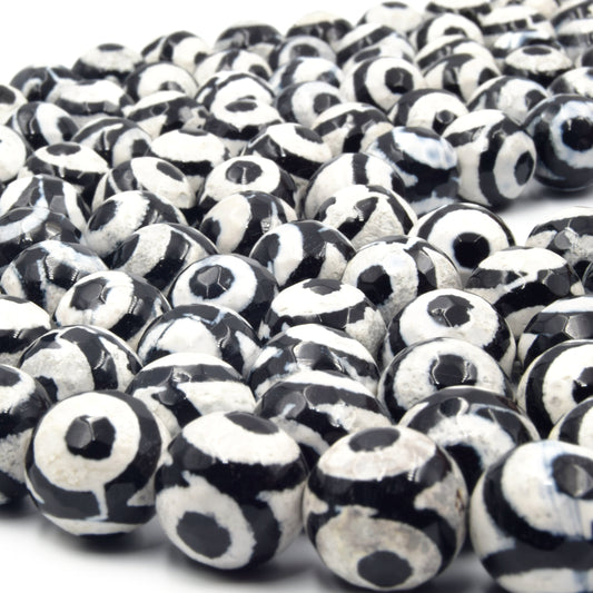 Tibetan Agate Beads | Evil eye Beads | 10mm, 12mm Dyed Faceted Black White Eyespotted Round Agate Beads
