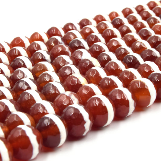 Tibetan Agate Beads | Dzi Beads | Dyed Faceted Red with White Striped  Round Gemstone Beads -8mm Available
