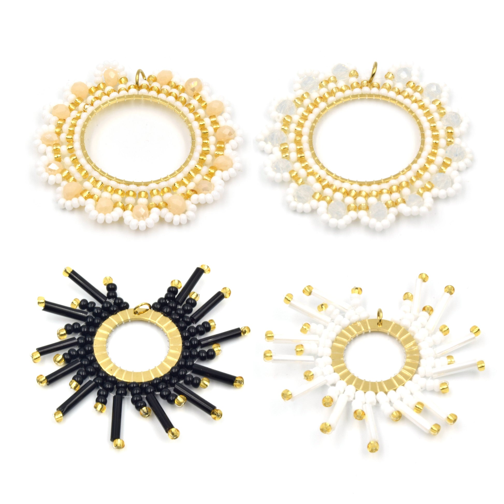 Seed Bead Pendants | Sunburst and Scalloped Beaded Components | White Peach Gray Black Pendants | Beaded Pendants | Beaded Finding