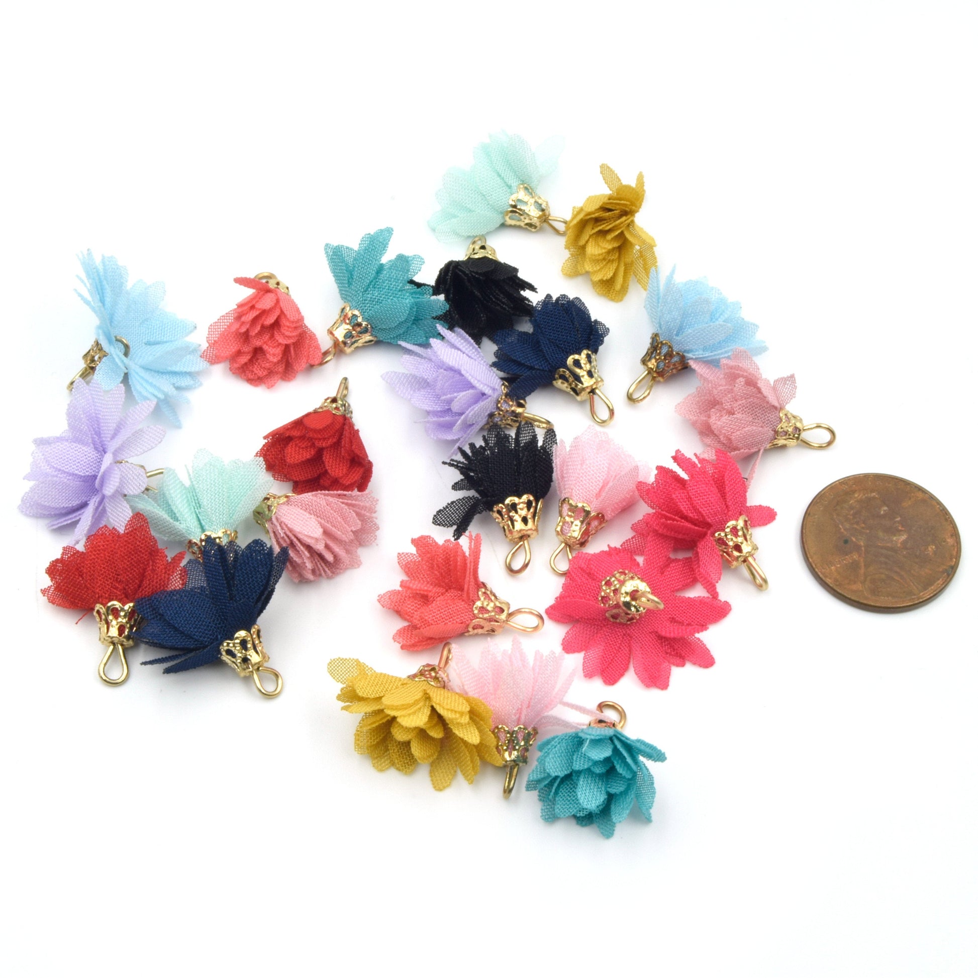 Tassels | Half Inch Tutu Tassels | Organza Tassels w/ Gold Cap - Sold in Packs of 10 | Pink, Blue, Black, Red, Purple Tassel Charms