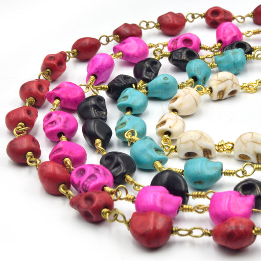 Howlite Skull Chain | Gold Plated Wrapped Rosary Chain | Dyed Howlite Skull Shaped Beads | Black Red White Pink Blue Available