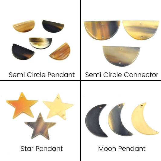 Natural Horn Components | One Inch Star Moon Circle Rectangle Triangle Diamond Pendants & Connectors | Brown Black Horn Pendants
