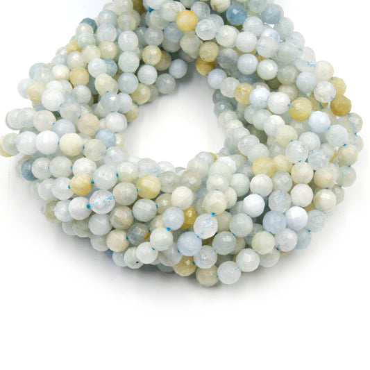 Aquamarine Beads | 6mm Faceted Natural Mixed Blue Aquamarine Round Beads | Sold by 16" Strands