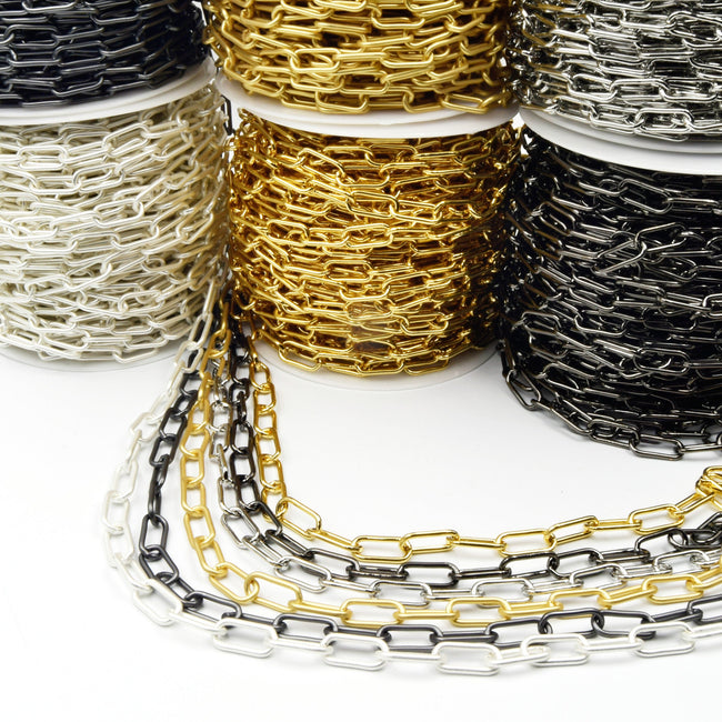 Paper Clip Chain | 8mm x 16mm Paper Clip Link Chain | Gold Gunmetal Silver Available | Glossy or Matte Finish | Sold by the foot