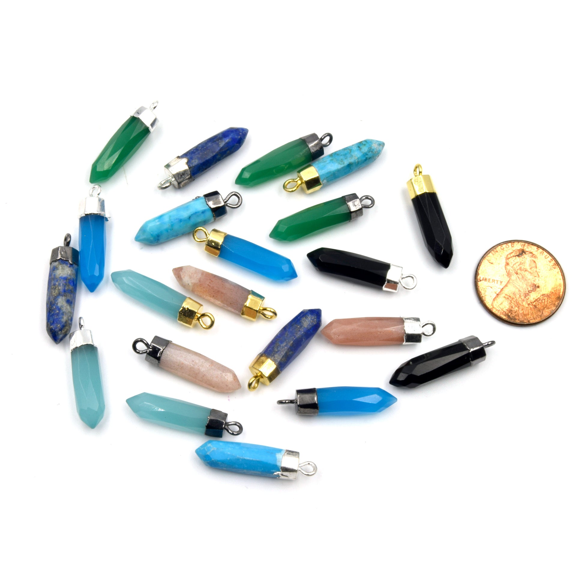 Gemstone Pendant | One Inch Electroplated Point Pendants | Gold Silver Gunmetal | Onyx Peach Moonstone Lapis Chalcedony Turquoise Charms