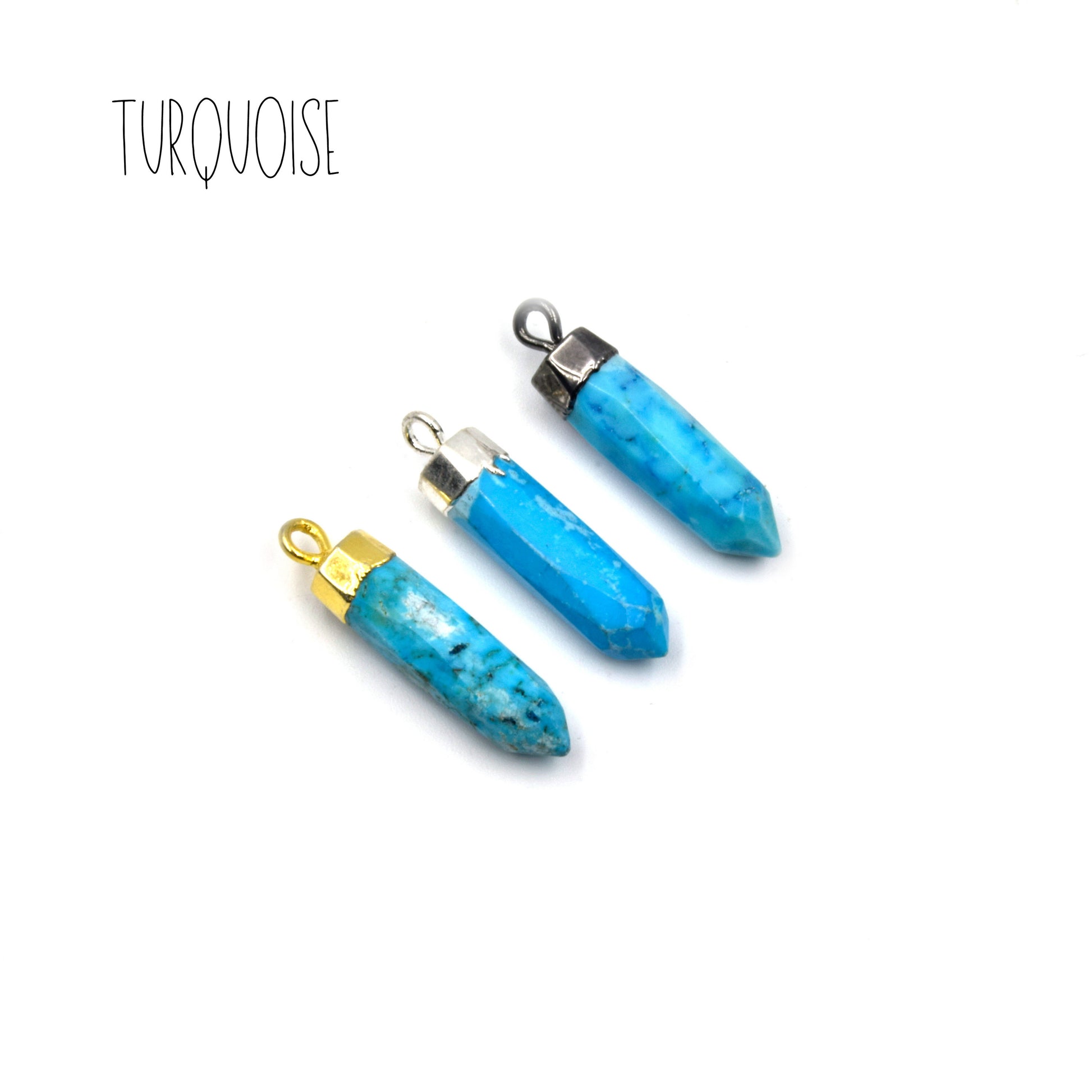 Gemstone Pendant | One Inch Electroplated Point Pendants | Gold Silver Gunmetal | Onyx Peach Moonstone Lapis Chalcedony Turquoise Charms
