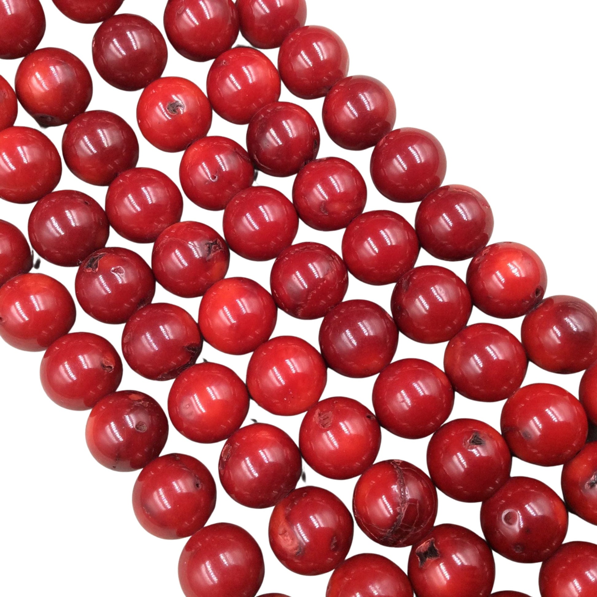 11mm Glossy Finish Dyed Red Sea Bamboo Coral Round/Ball Shaped Beads with 1mm Holes - 15.5" Strand (Approx. 37 Beads per Strand)
