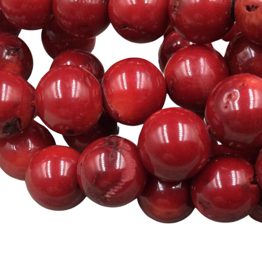 11mm Glossy Finish Dyed Red Sea Bamboo Coral Round/Ball Shaped Beads with 1mm Holes - 15.5" Strand (Approx. 37 Beads per Strand)