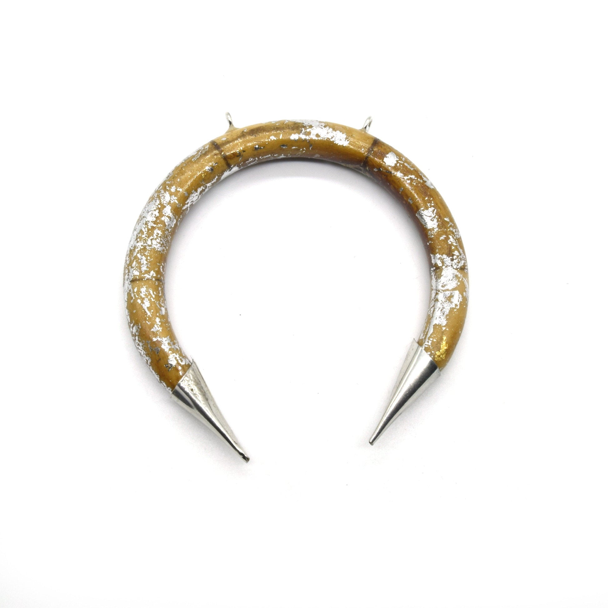 Bone Crescent Pendant | Silver Foiled Crescent Shaped Natural Ox Bone with Double Silver Bails | White, Brown, Black and White Crescents