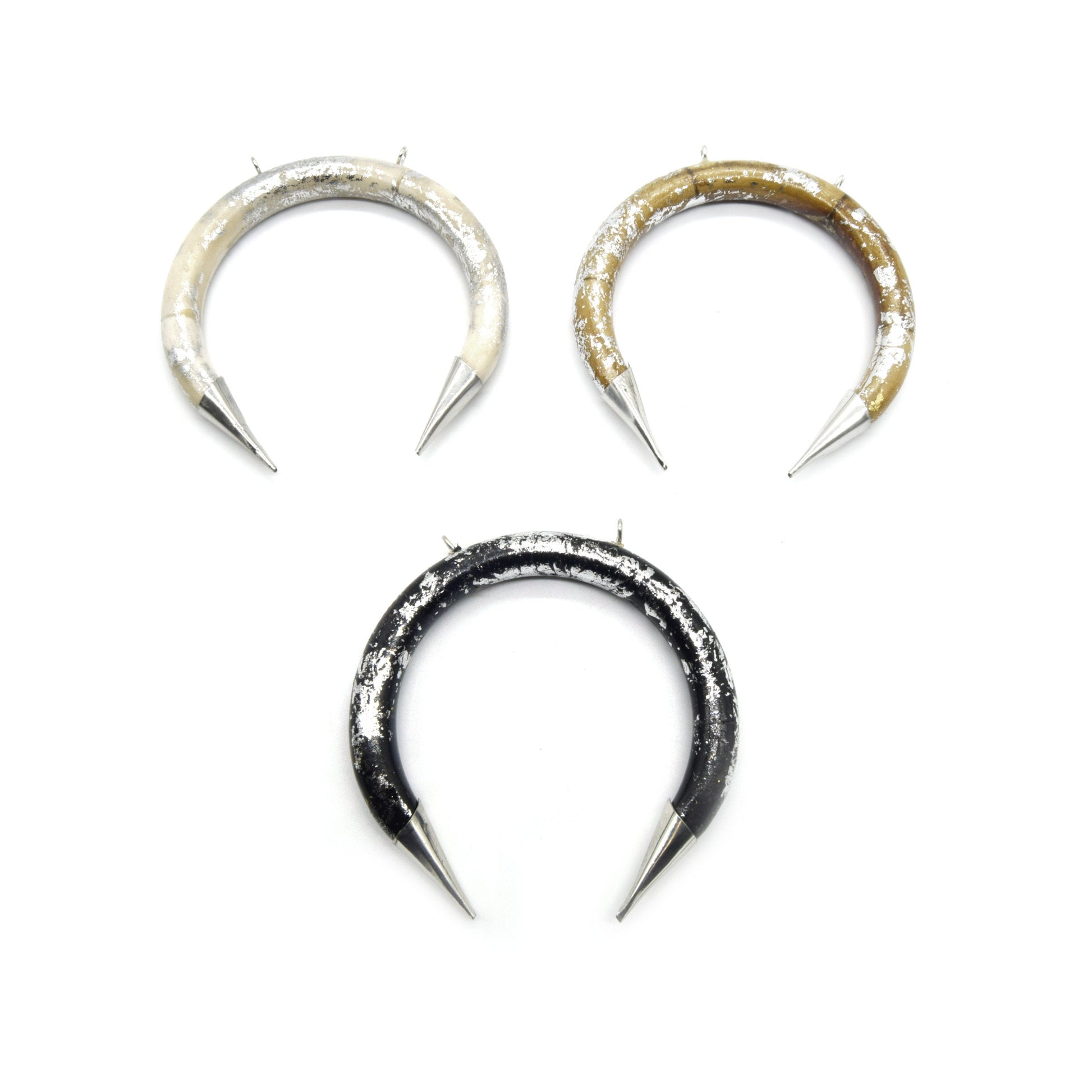 Bone Crescent Pendant | Silver Foiled Crescent Shaped Natural Ox Bone with Double Silver Bails | White, Brown, Black and White Crescents