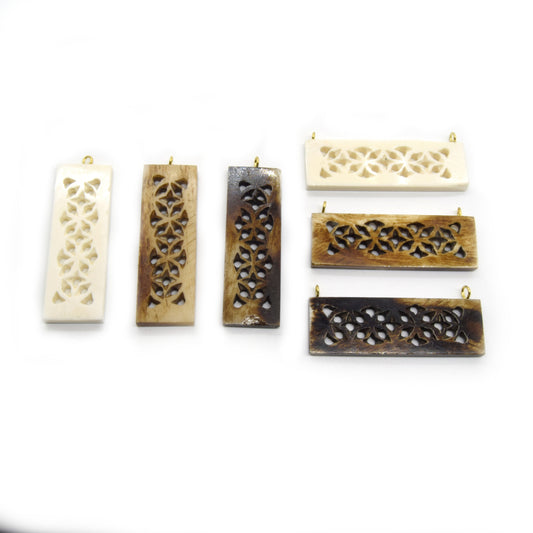 Ox Bone Focal Pendant | 2.5" - Natural Ox Bone Rectangle Cutout Shaped Focal Pendant with Gold Bail | White Brown | Single Double Loop
