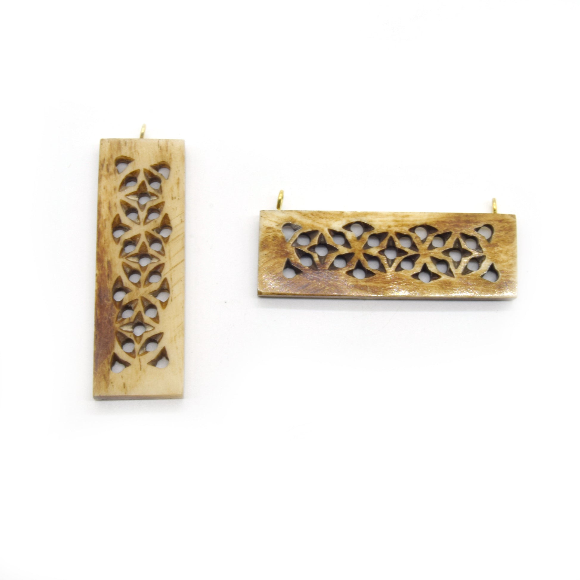Ox Bone Focal Pendant | 2.5" - Natural Ox Bone Rectangle Cutout Shaped Focal Pendant with Gold Bail | White Brown | Single Double Loop