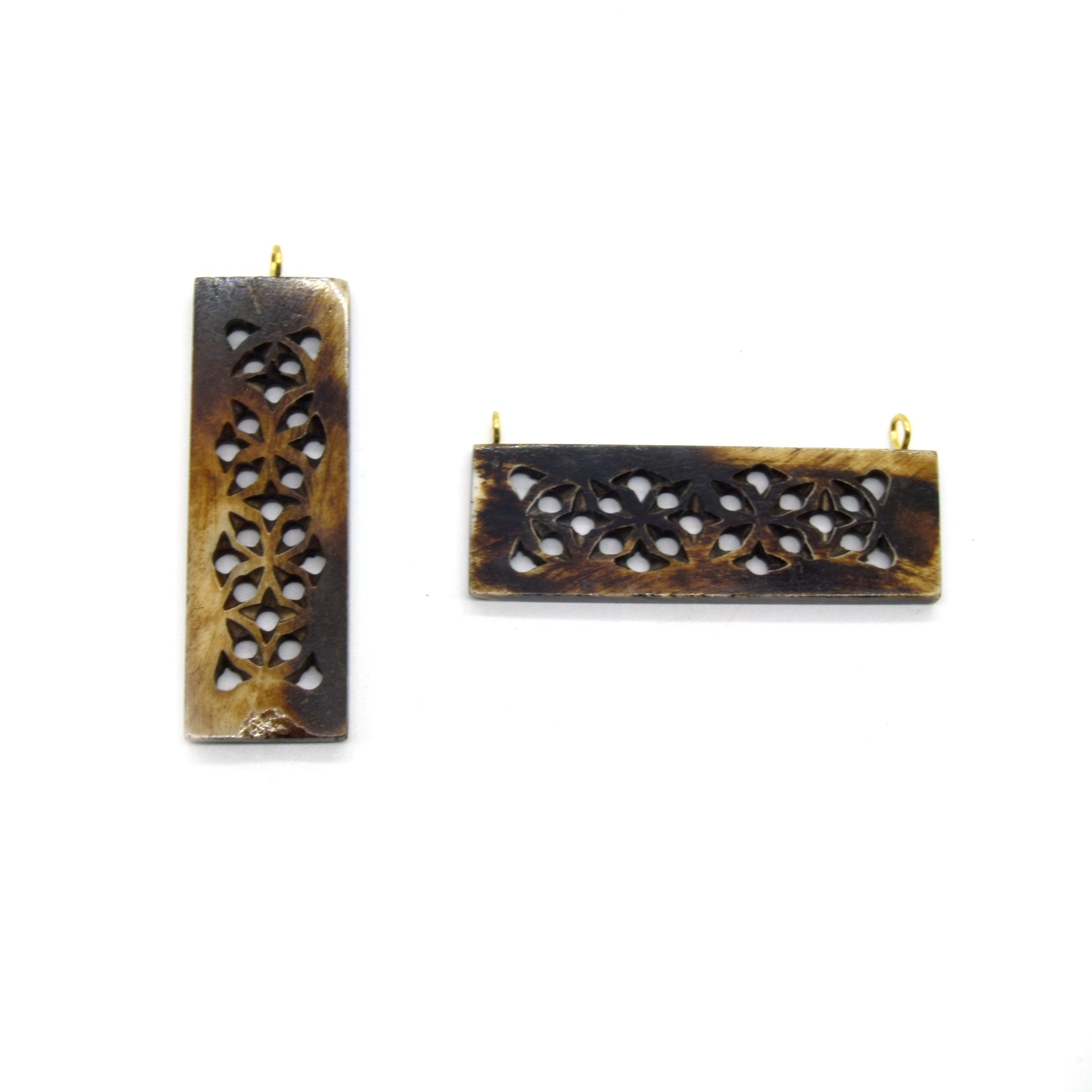 Ox Bone Focal Pendant | 2.5" - Natural Ox Bone Rectangle Cutout Shaped Focal Pendant with Gold Bail | White Brown | Single Double Loop