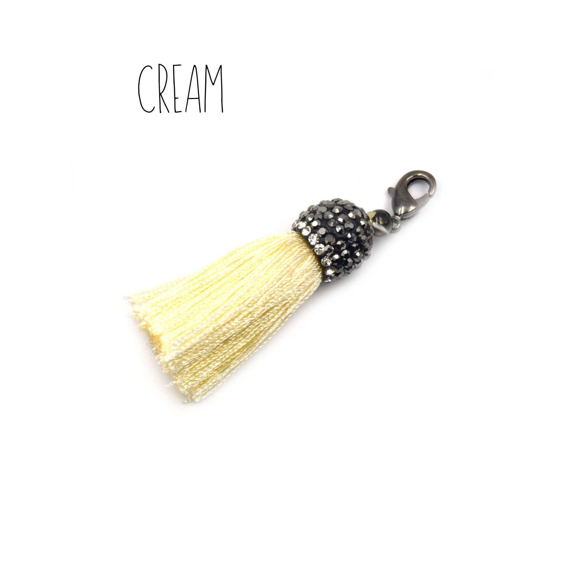 Pave Tassel Pendants | 1.25 Inch CZ Cap Tassel Silk/Polyester Thread Gunmetal Clasp | White, Blue, Yellow, Purple Tassels