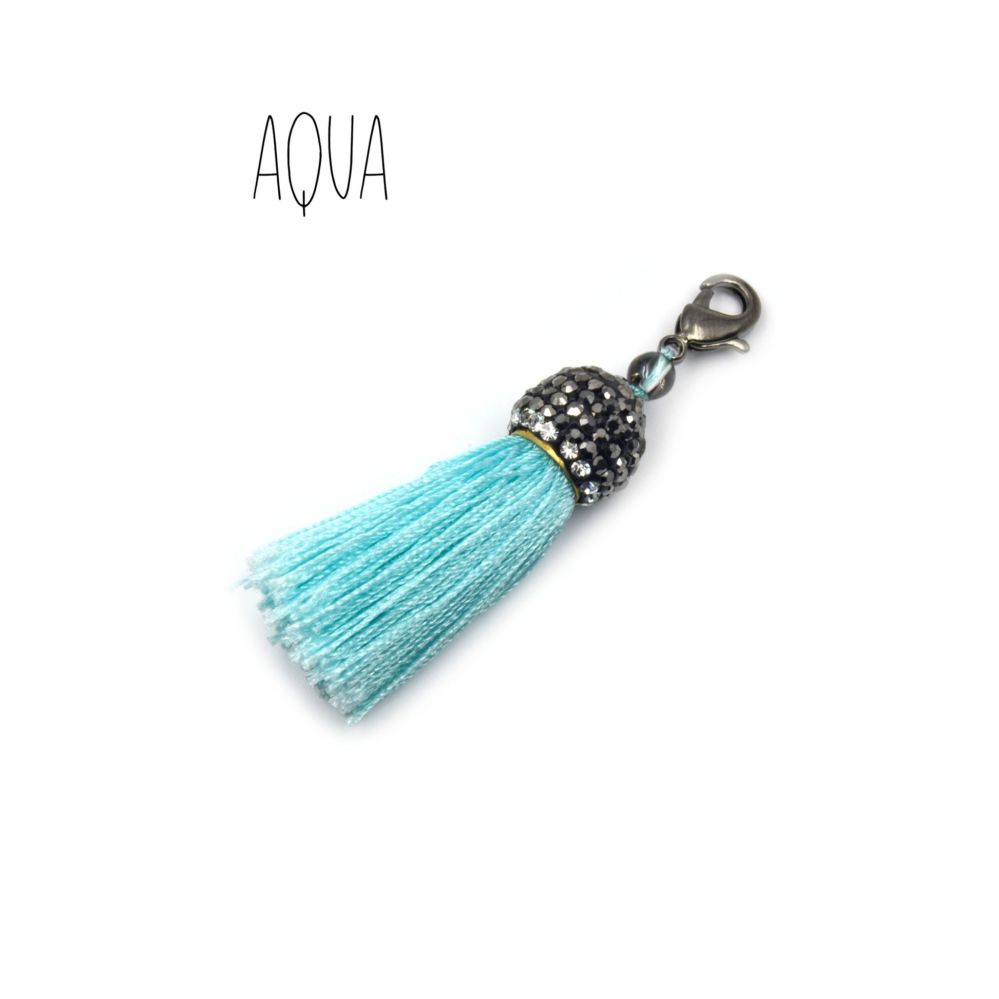Pave Tassel Pendants | 1.25 Inch CZ Cap Tassel Silk/Polyester Thread Gunmetal Clasp | White, Blue, Yellow, Purple Tassels