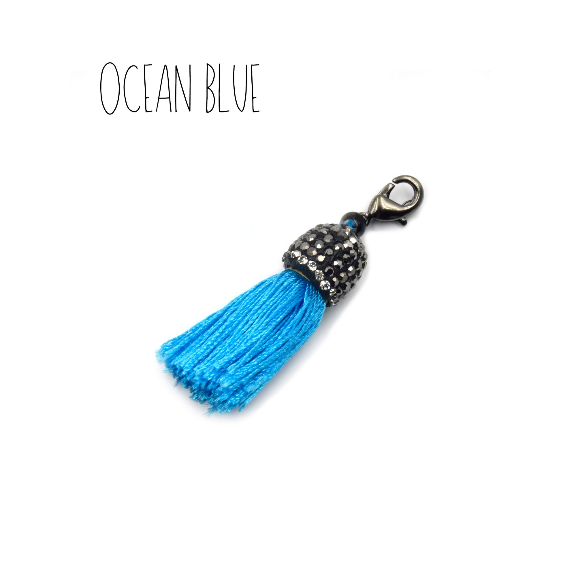 Pave Tassel Pendants | 1.25 Inch CZ Cap Tassel Silk/Polyester Thread Gunmetal Clasp | White, Blue, Yellow, Purple Tassels