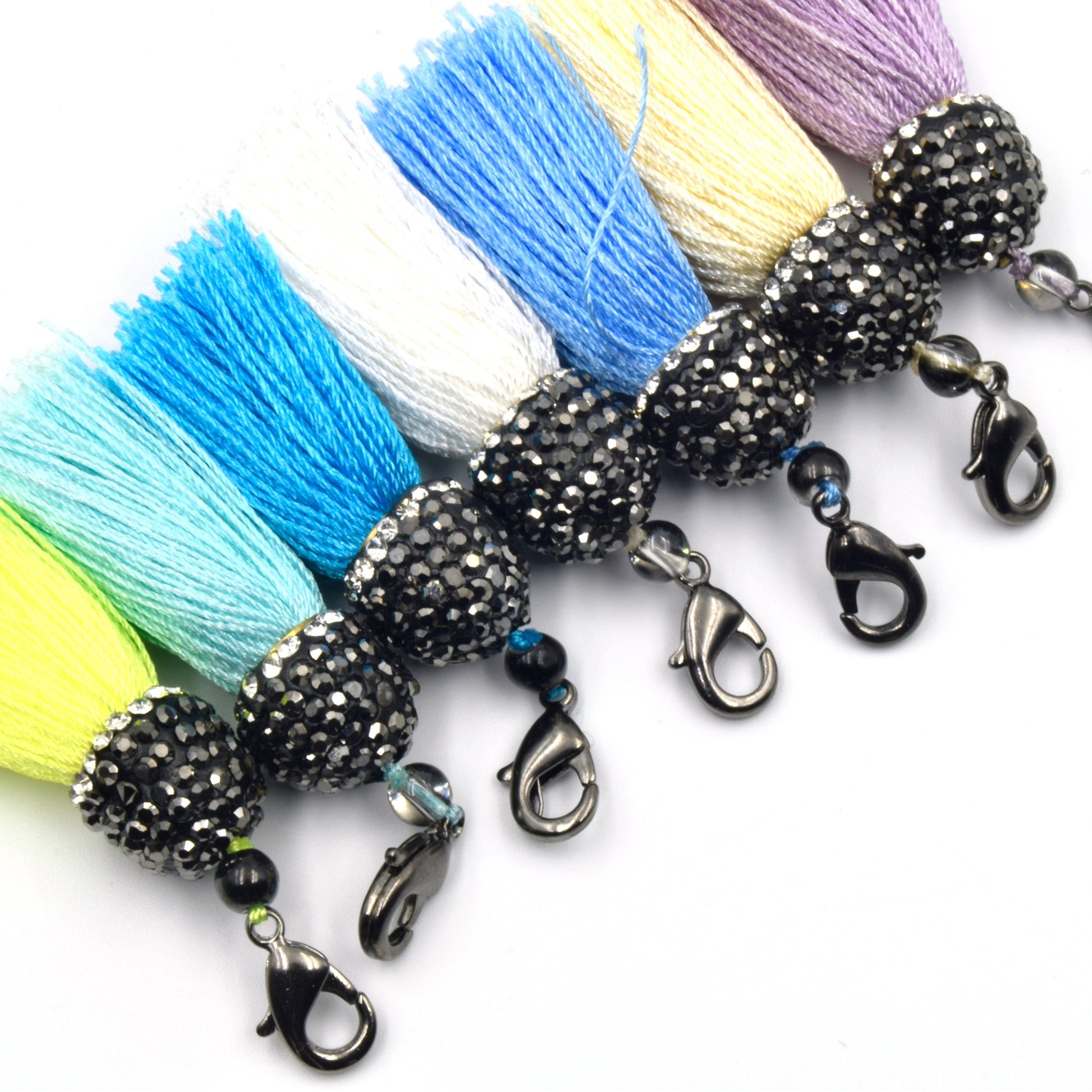 Pave Tassel Pendants | 1.25 Inch CZ Cap Tassel Silk/Polyester Thread Gunmetal Clasp | White, Blue, Yellow, Purple Tassels