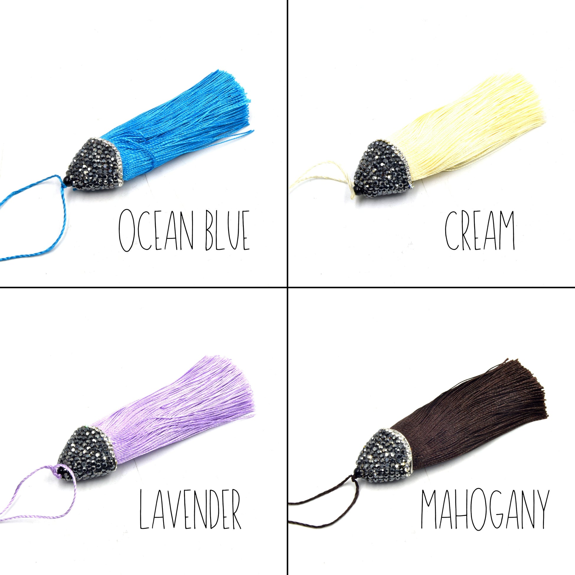 Pave Capped Tassel | 3 Inch Pave Rhinestone Flat Cap Silk Tassel | Green, Blue, Purple, Pink, Orange, Yellow, Red, White, Brown Pendant