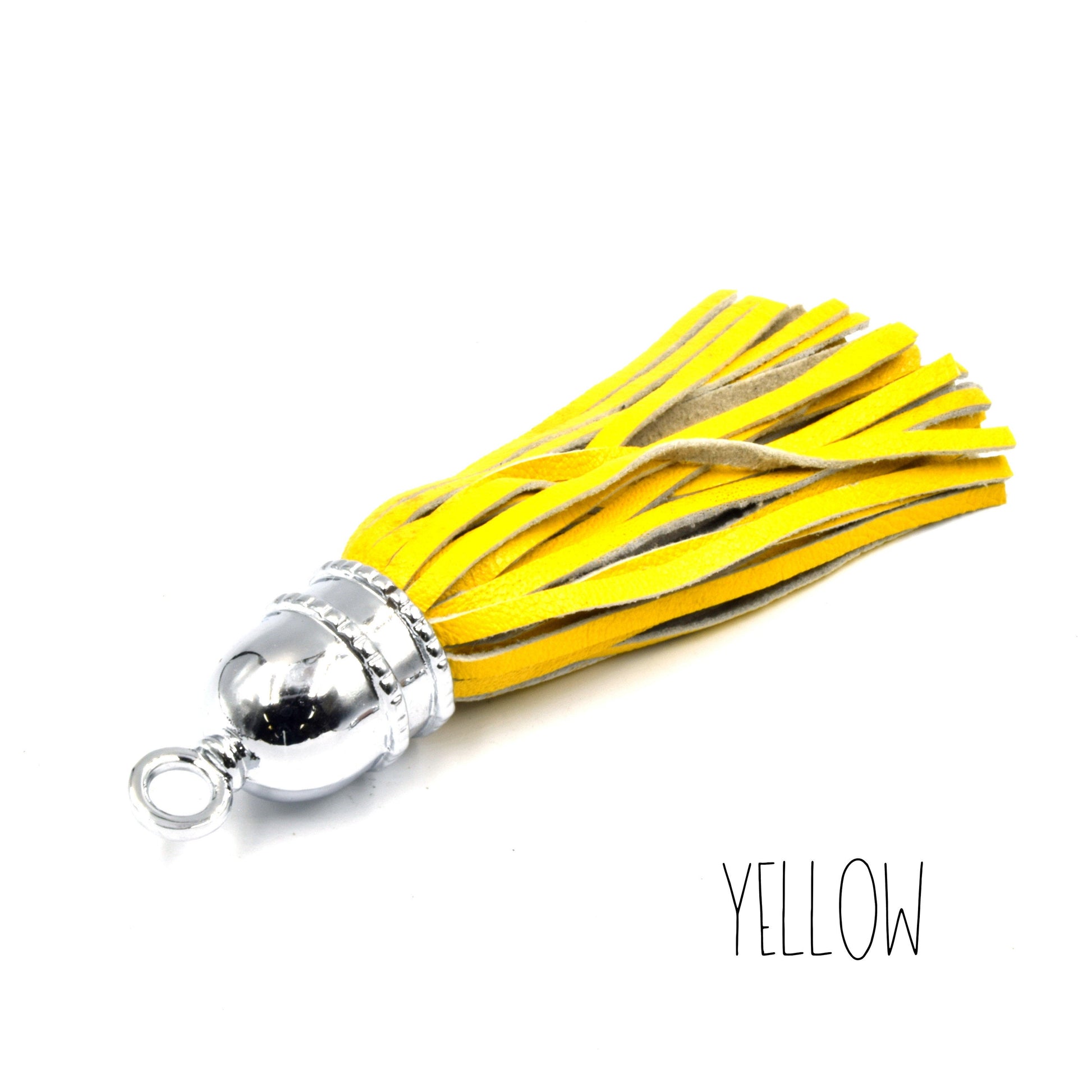 Leather Tassel | 3.5 inch Genuine Leather Silver Bullet Capped Tassel Pendant with Attached Ring | Pink Nude Tan Red Yellow Pendants