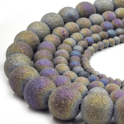 Druzy Glass Beads | Frosted Metallic Round Shaped Glass Beads | Titanium Coated Glass Bead | Gold Silver Purple Rainbow Available
