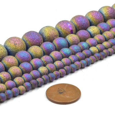 Druzy Glass Beads | Frosted Metallic Round Shaped Glass Beads | Titanium Coated Glass Bead | Gold Silver Purple Rainbow Available