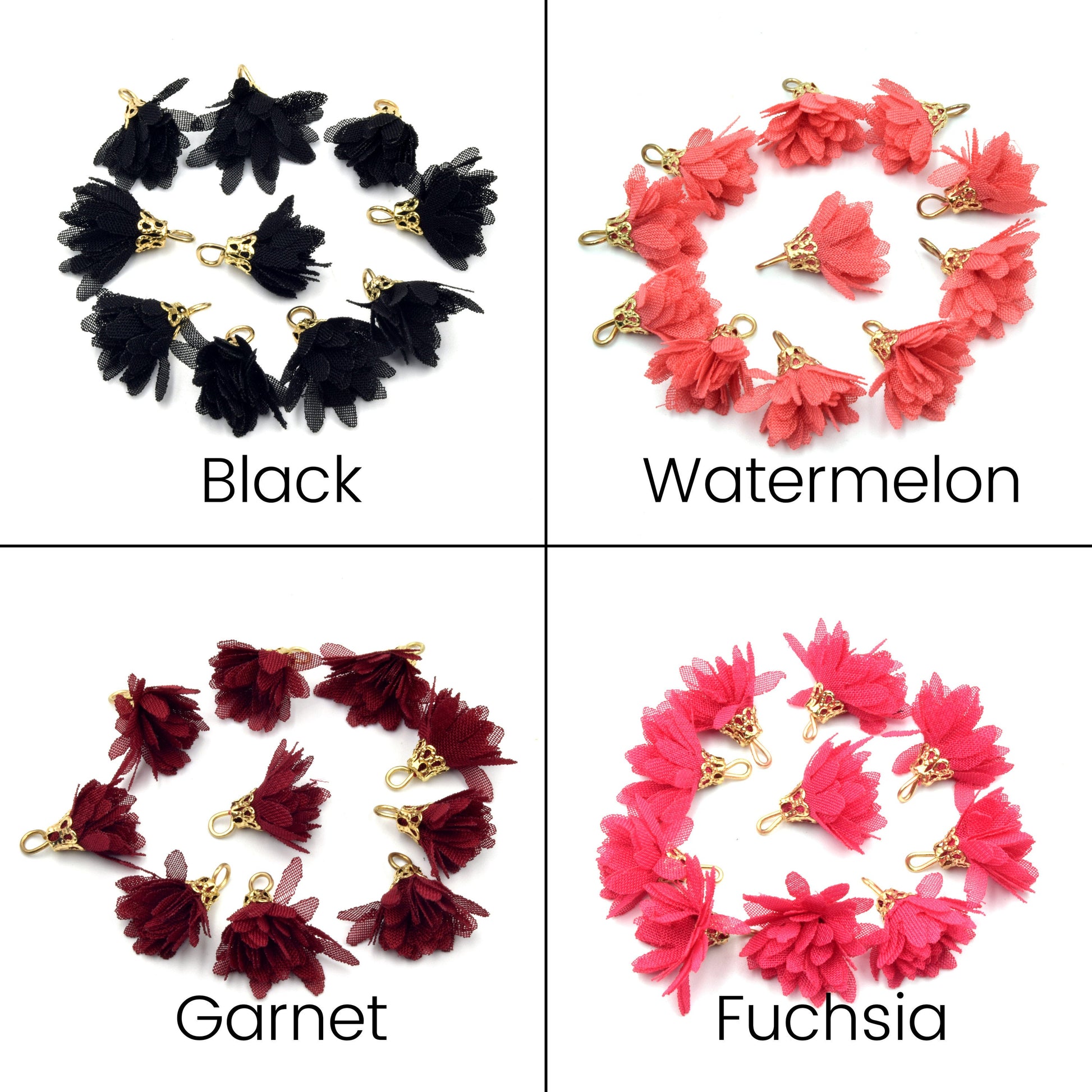 Tassels | Half Inch Tutu Tassels | Organza Tassels w/ Gold Cap - Sold in Packs of 10 | Pink, Blue, Black, Red, Purple Tassel Charms