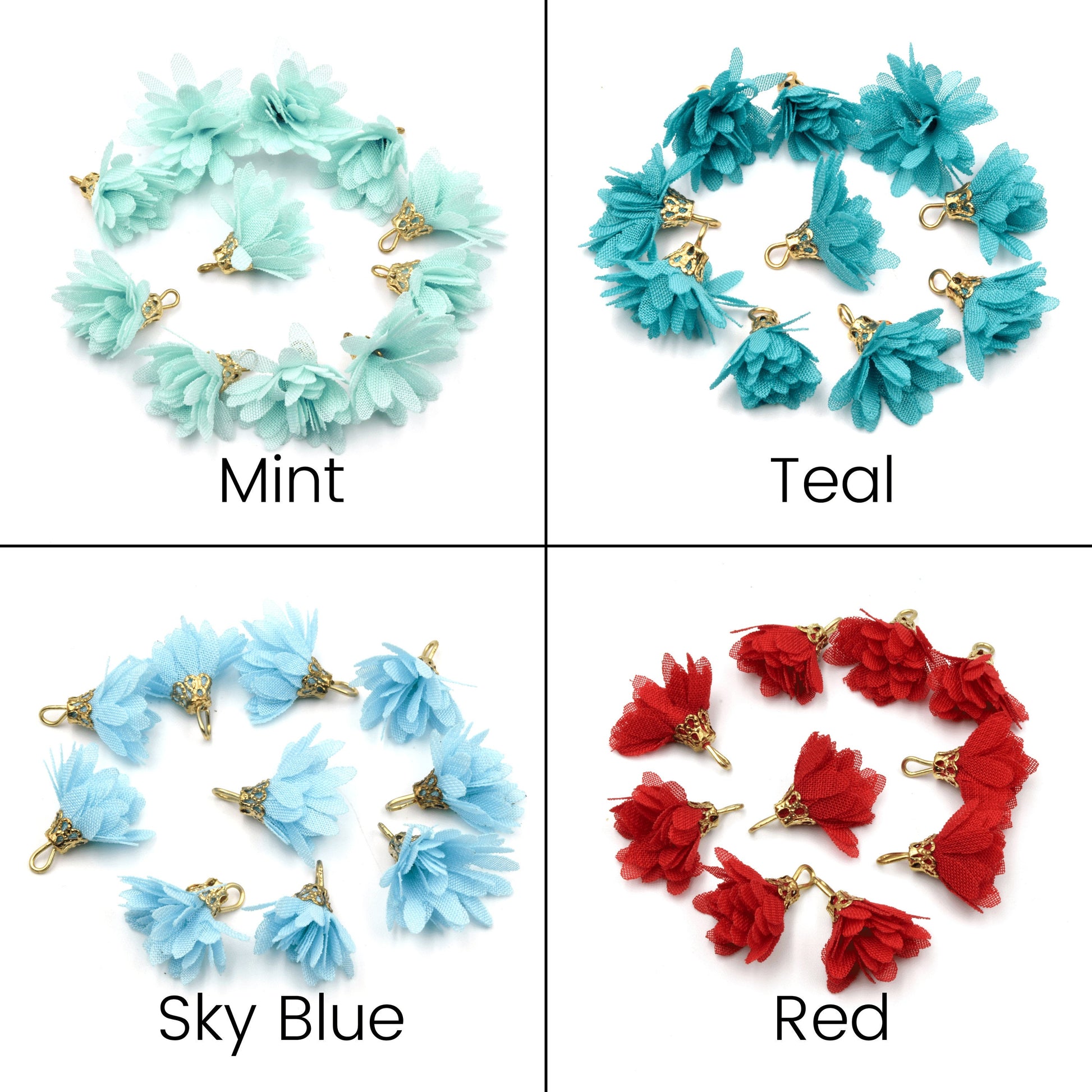 Tassels | Half Inch Tutu Tassels | Organza Tassels w/ Gold Cap - Sold in Packs of 10 | Pink, Blue, Black, Red, Purple Tassel Charms