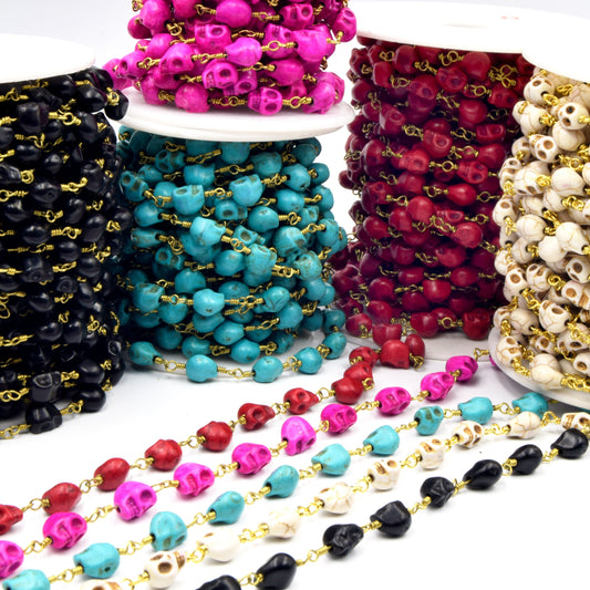 Howlite Skull Chain | Gold Plated Wrapped Rosary Chain | Dyed Howlite Skull Shaped Beads | Black Red White Pink Blue Available