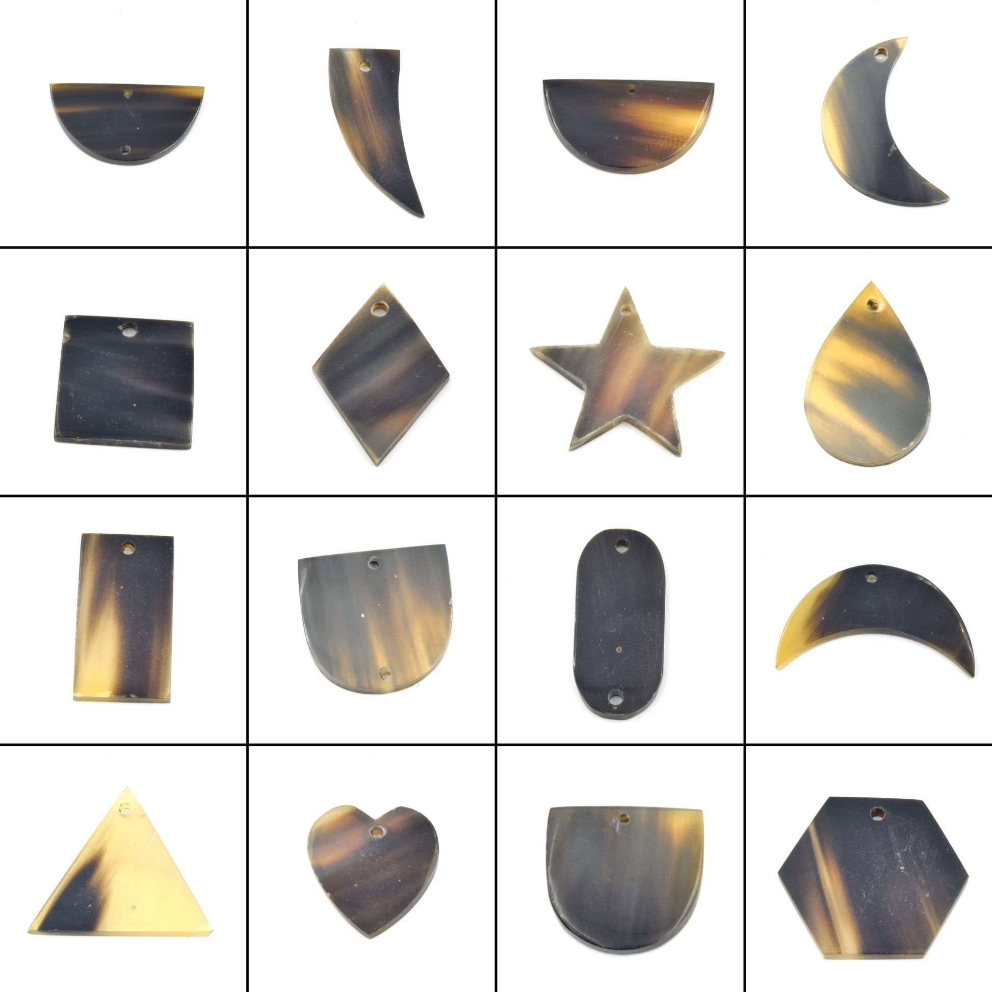 Natural Horn Components | One Inch Star Moon Circle Rectangle Triangle Diamond Pendants & Connectors | Brown Black Horn Pendants
