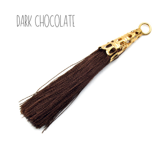 Tassel Pendant | 2.25 Inch Tassel with Gold Filigree Cap Silk Threaded Tassel | White, Pink, Blue, Brown, Gray Tassels