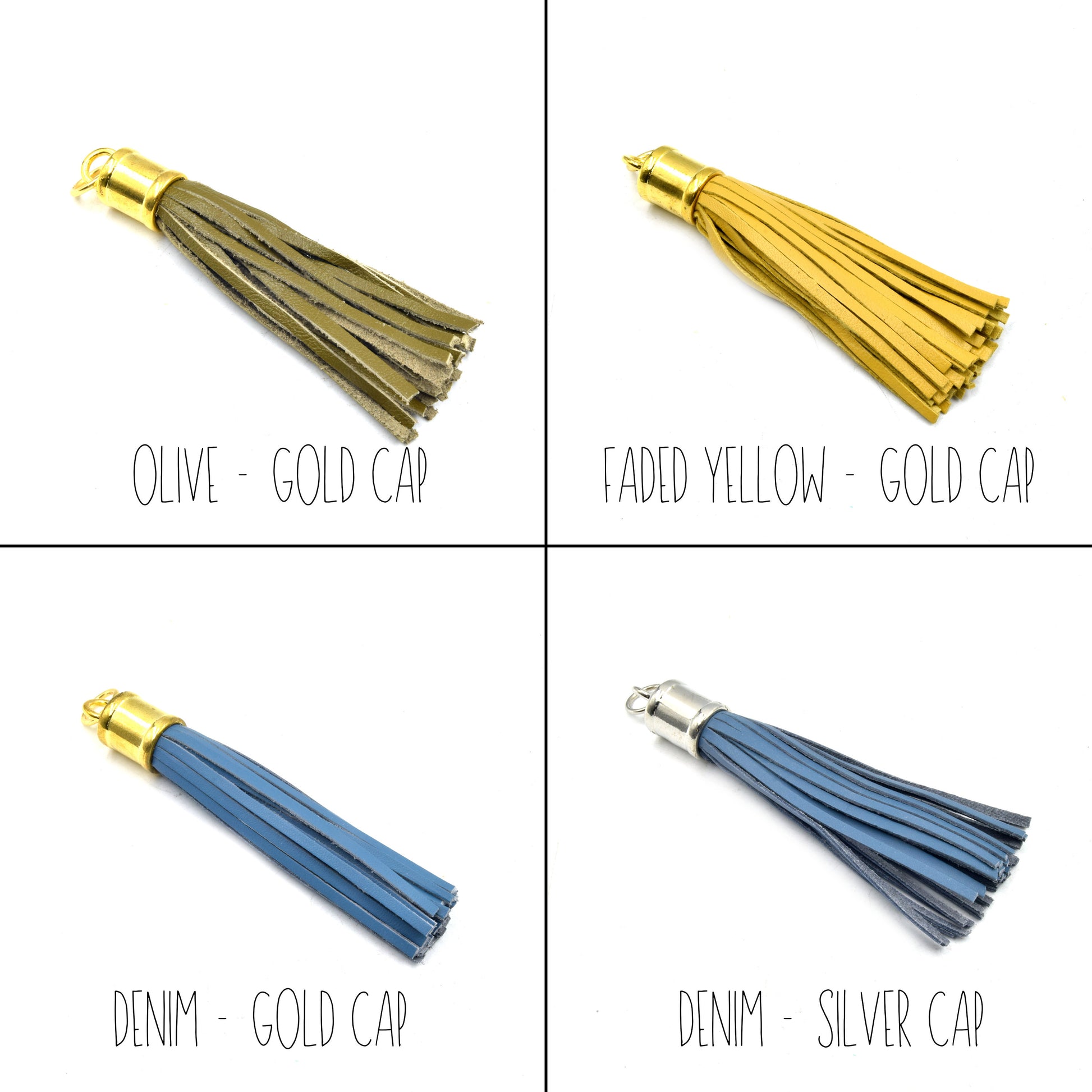 Leather Tassels | 3 inch Tassel with Attached Ring - Gold or Silver Cap | Black White Red Green Yellow Pink Pendants