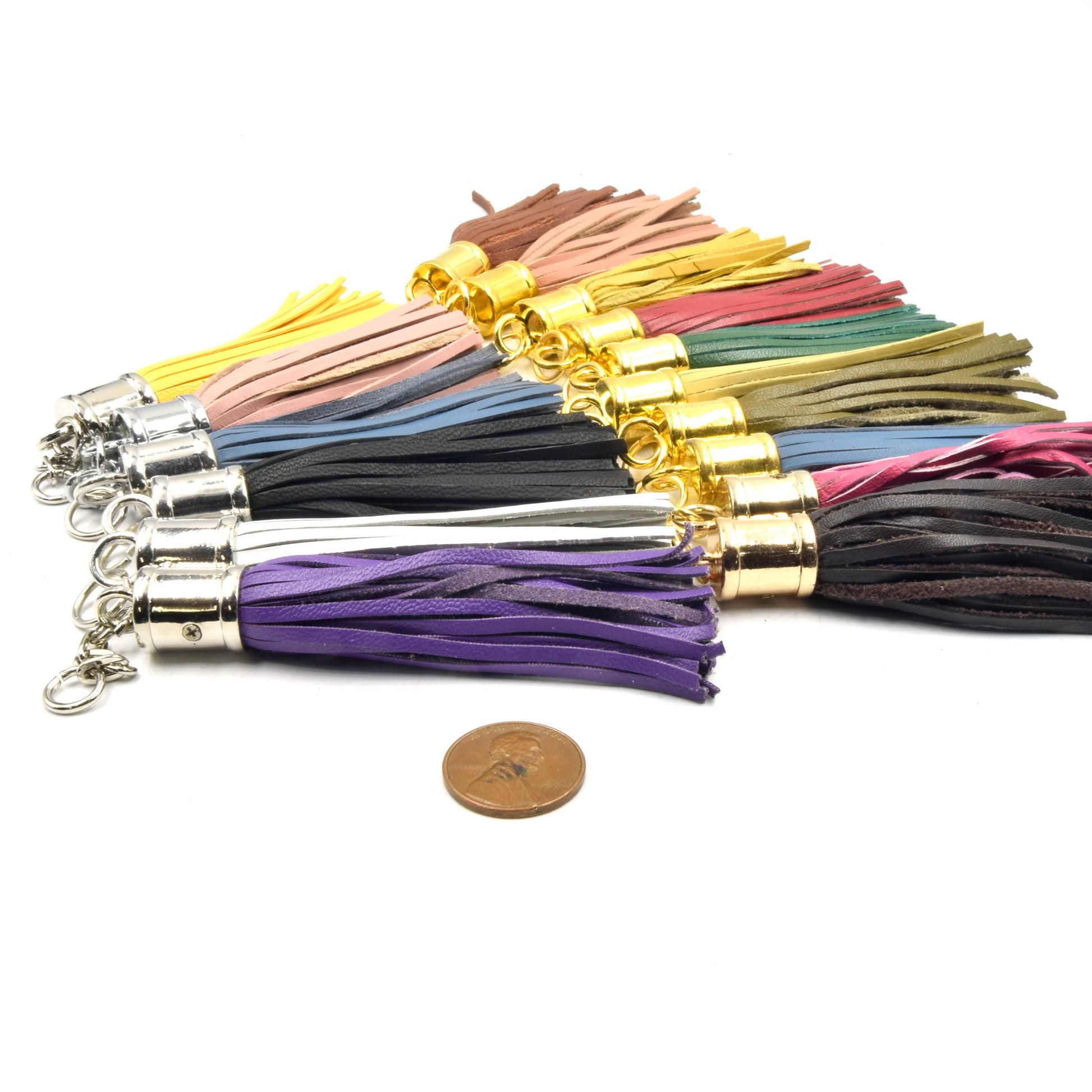 Leather Tassels | 3 inch Tassel with Attached Ring - Gold or Silver Cap | Black White Red Green Yellow Pink Pendants