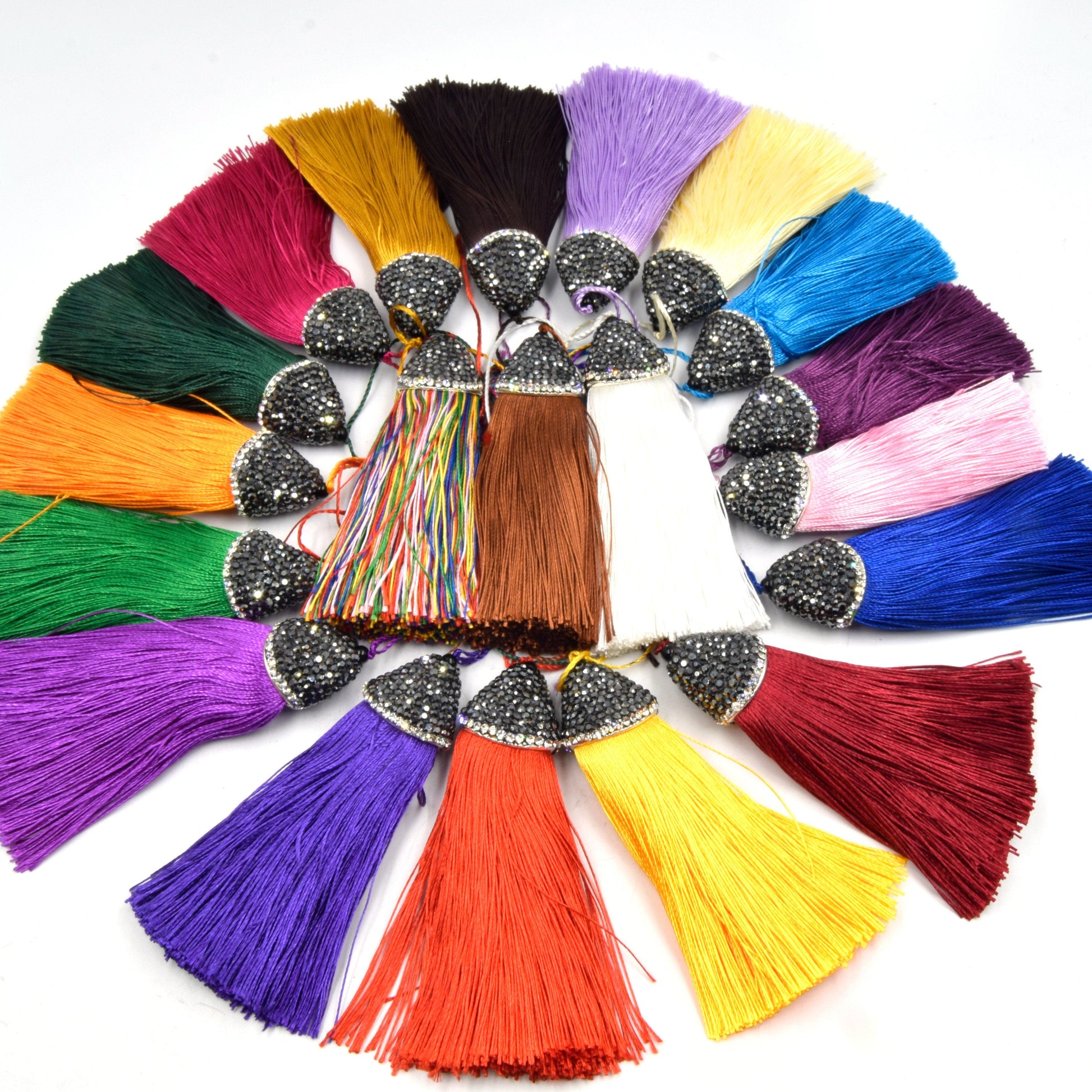 Pave Capped Tassel | 3 Inch Pave Rhinestone Flat Cap Silk Tassel | Green, Blue, Purple, Pink, Orange, Yellow, Red, White, Brown Pendant